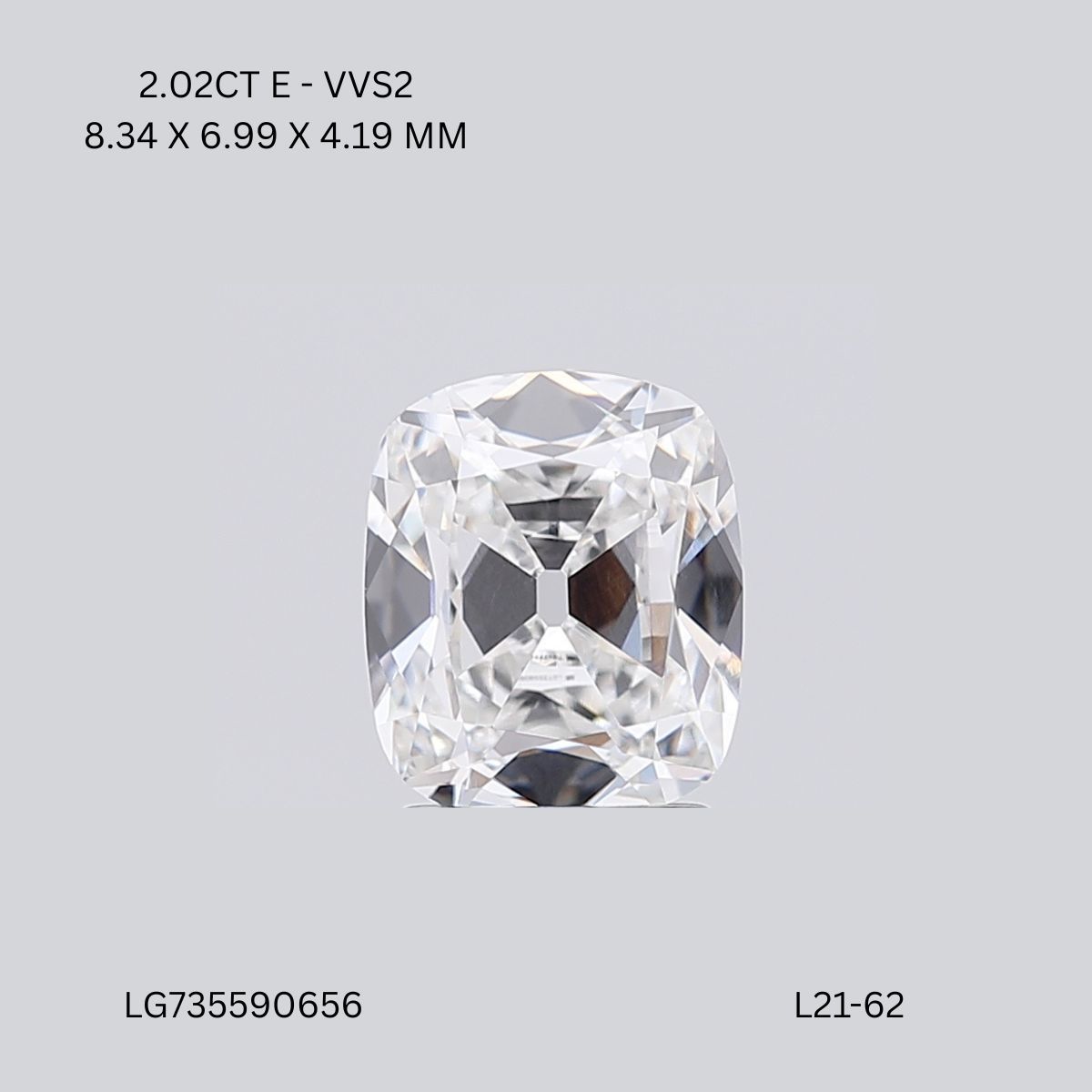 2.02ct Cushion E - VVS2 - Excellent cut - LD324479